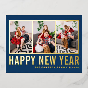 Navy Blue Modern Typografy Foto Collage New Year Folien Feiertagspostkarte
