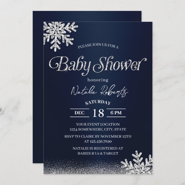 Navy Blue Modern Winter Snowflakes Babydusche Einladung (Vorne/Hinten)