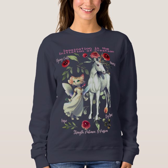 (Navy Blue) modische, trendige Einhornkatzen Sweatshirt (Vorderseite)