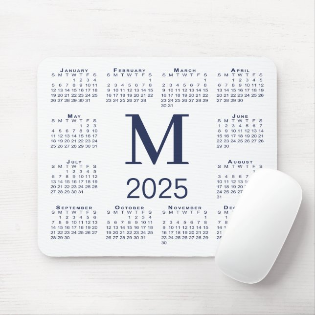 Navy Blue Monogram 2025 Kalender auf Weiß Mousepad (Mit Mouse)