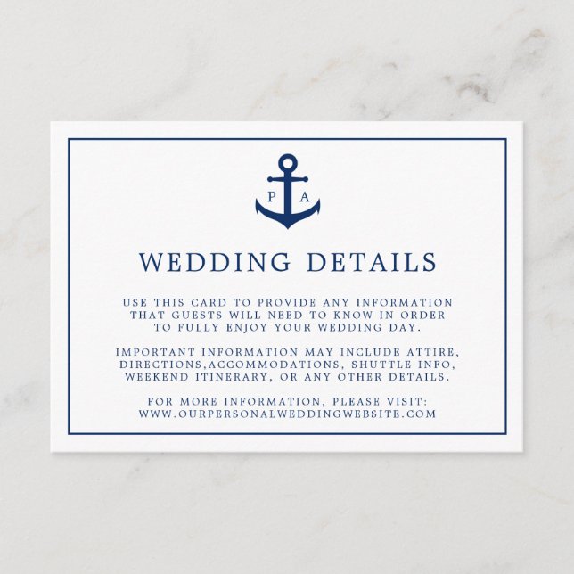 Navy Blue Monogram Anchor Nautical Wedding Begleitkarte (Vorderseite)