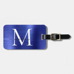 Navy Blue Monogram Brushed Metal Giral Script Name Gepäckanhänger