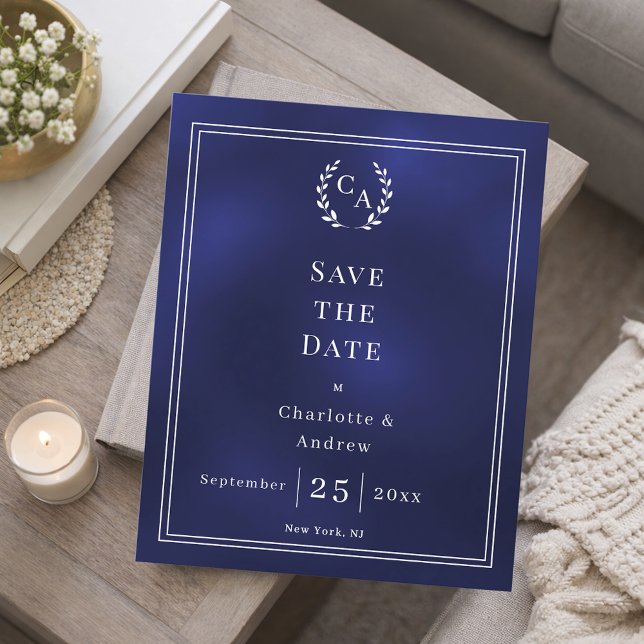 Navy blue monogram budget wedding Save the Date  Flyer (Von Creator hochgeladen)