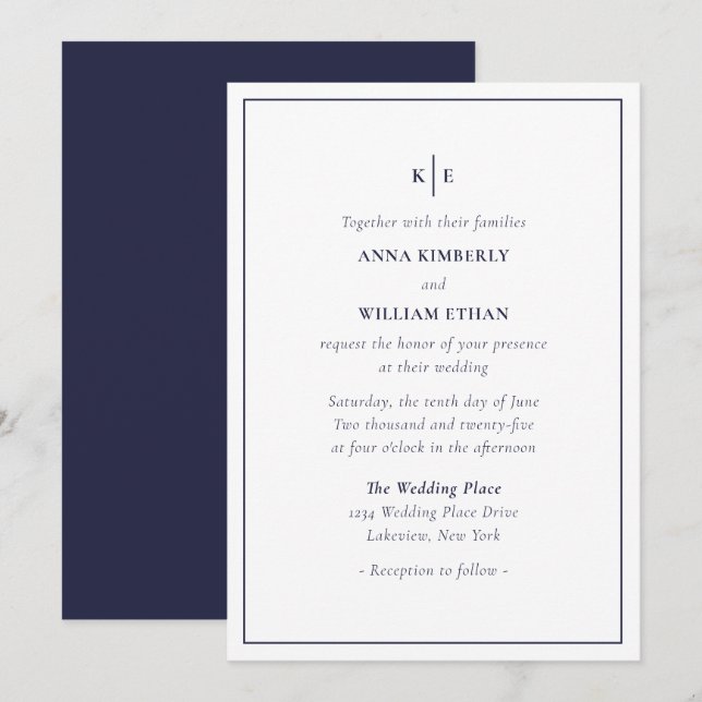 Navy Blue Monogram - Familien Hochzeitseinladungen Einladung (Vorne/Hinten)