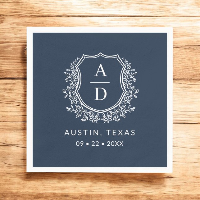Navy Blue Monogram Floral Wedding Wappen Serviette (Von Creator hochgeladen)