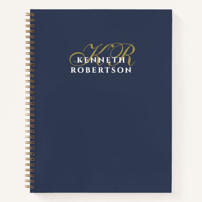 Navy Blue Monogram Gold White Minimalist Men Chic Notizbuch (Vorderseite)