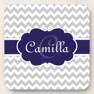 Navy Blue Monogram Grey Zickzack Pattern Getränkeuntersetzer