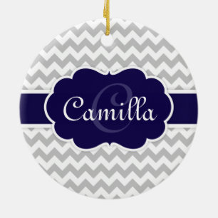 Navy Blue Monogram Grey Zickzack Pattern Keramikornament