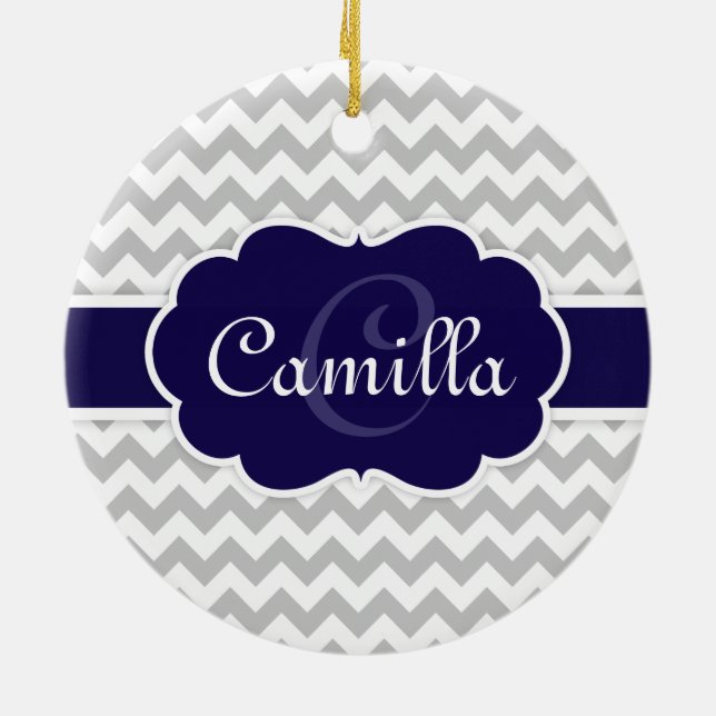 Navy Blue Monogram Grey Zickzack Pattern Keramikornament (Hinten)