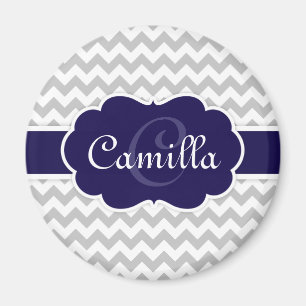 Navy Blue Monogram Grey Zickzack Pattern Magnet