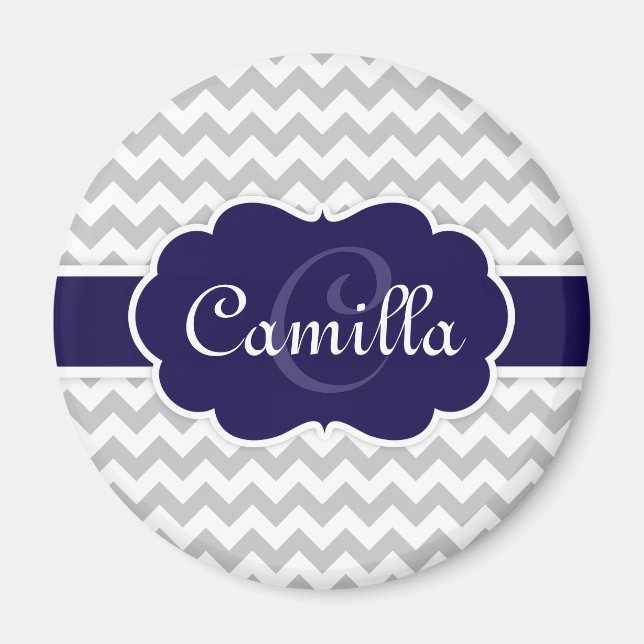 Navy Blue Monogram Grey Zickzack Pattern Magnet (Vorne)