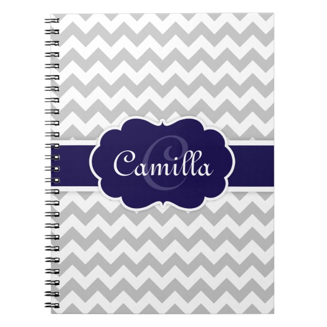 Navy Blue Monogram Grey Zickzack Pattern Notizblock (Vorderseite)