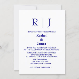 Navy Blue Monogram Minimal Simple Elegant Wedding Einladung