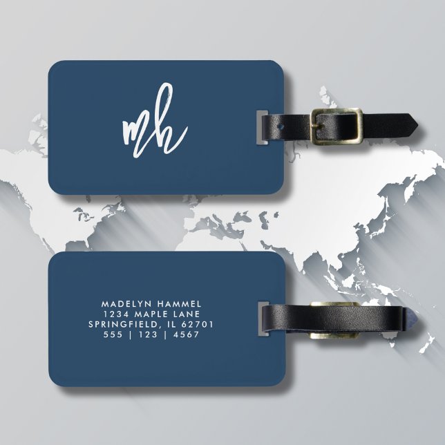 Navy Blue Monogram Modern Script Initials Gepäckanhänger (Von Creator hochgeladen)
