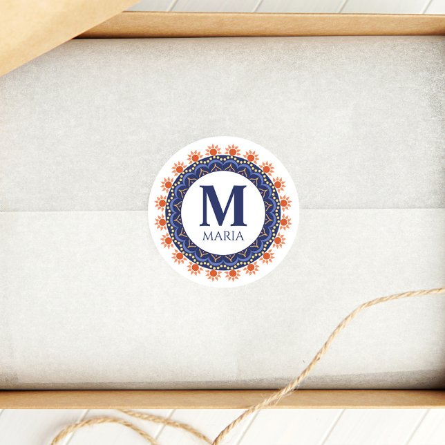 Navy Blue Monogram Name Mandala Custom Runder Aufkleber (Navy blue mandala sticker)