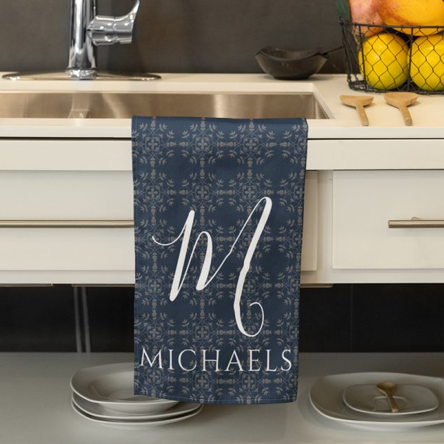 Navy Blue Monogram Personalisiert Geschirrtuch (Navy blue monogram script kitchen towel. )