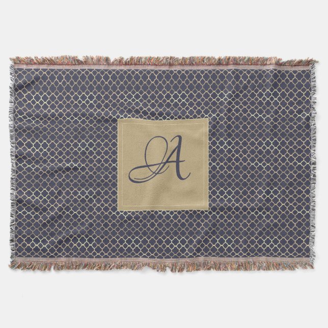 Navy Blue Monogram Quatrefolie Newlyweds Wedding Decke (Vorderseite)