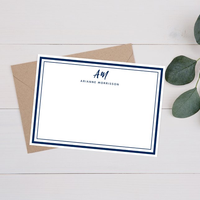 Navy Blue Monogram Thin & Thick Border Mitteilungskarte (Von Creator hochgeladen)