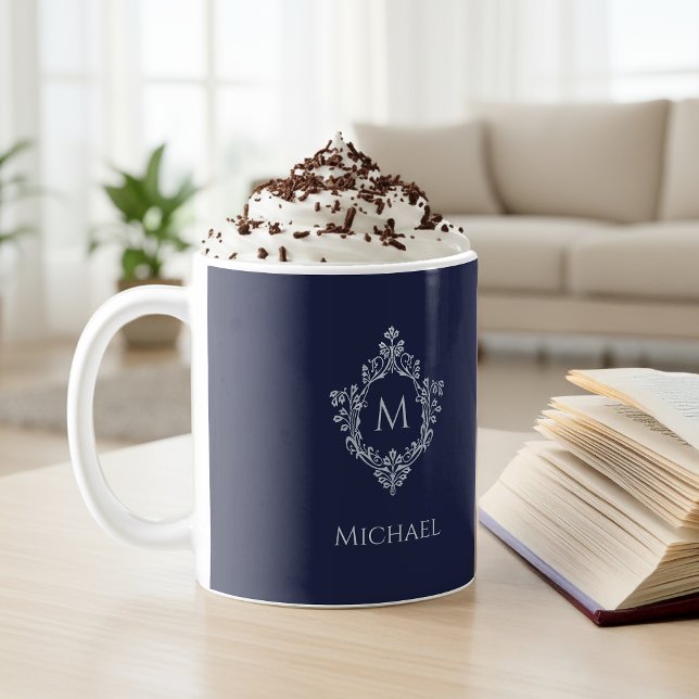 Navy Blue Monogram Vintag Antikes Wappen & Name Kaffeetasse (Von Creator hochgeladen)