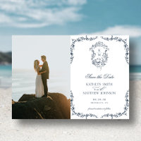Navy Blue Monogram Vintages Wappen Save the Date