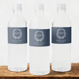 Navy Blue Monogram Wedding Floral Wappen Wasserflaschenetikett