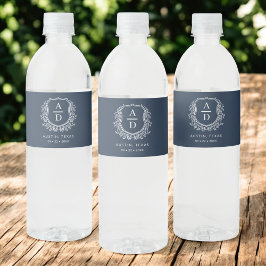 Navy Blue Monogram Wedding Floral Wappen Wasserflaschenetikett