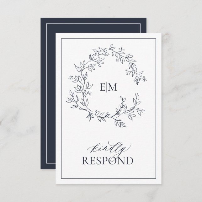 Navy Blue Monogram Wedding RSVP Card (Vorne/Hinten)