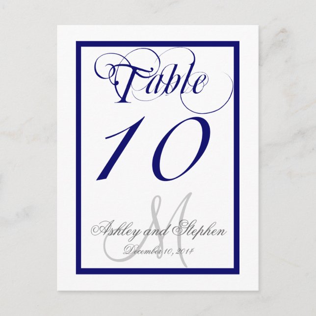 Navy Blue Monogram Wedding Tischnummer Card 2 (Vorderseite)