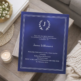 Navy blue monogram wreath age-neutral invitation