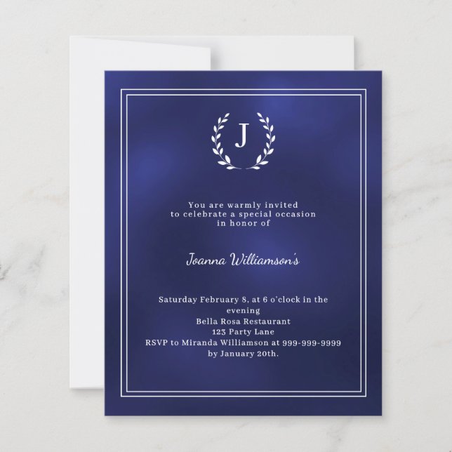 Navy blue monogram wreath age-neutral invitation (Vorderseite)