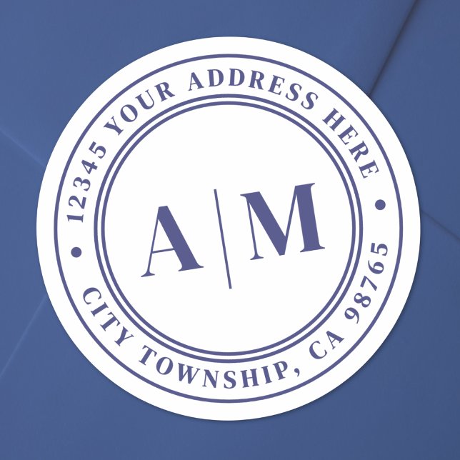 Navy-Blue-Monogramm-Rücksendeadresse Runder Aufkleber (Navy Blue Monogram Return Address Classic Round Sticker )