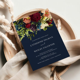 Navy Blue Moody Floral Burgundy Wedding Einladung