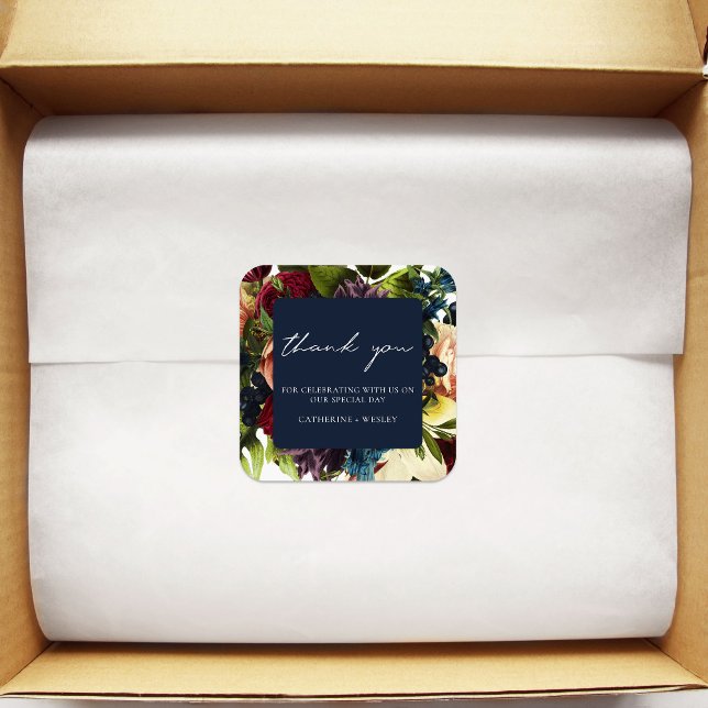 Navy Blue Moody Floral Burgundy Wedding Quadratischer Aufkleber (Von Creator hochgeladen)