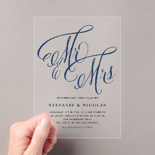 Navy Blue Mr. und Mrs. Rustic Calligraphy Wedding Acryleinladungen