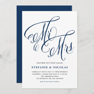 Navy Blue Mr. und Mrs. Rustic Calligraphy Wedding Einladung