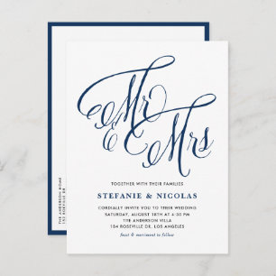 Navy Blue Mr. und Mrs. Rustic Calligraphy Wedding Einladungspostkarte