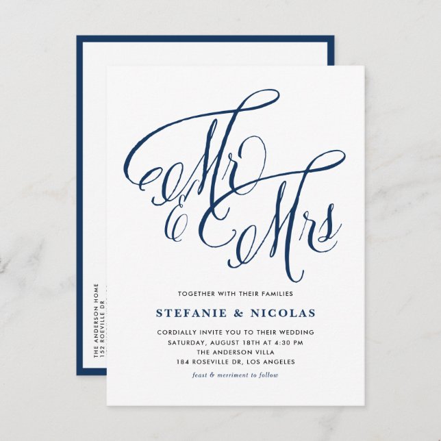 Navy Blue Mr. und Mrs. Rustic Calligraphy Wedding Einladungspostkarte (Vorne/Hinten)