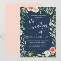Navy Blue n Blush Floral Wedding Rose Foliage Leaf