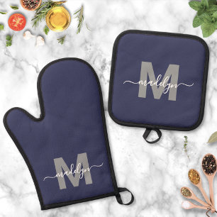 Navy Blue Name Monogram Kitchen Ofenhandschuh & Topflappen-Set