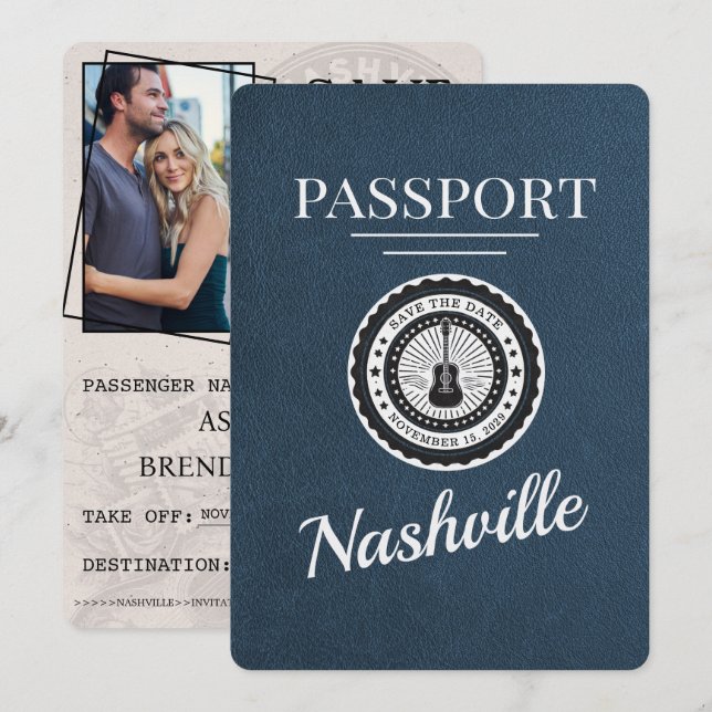 Navy Blue Nashville Passport Save the Date (Vorne/Hinten)