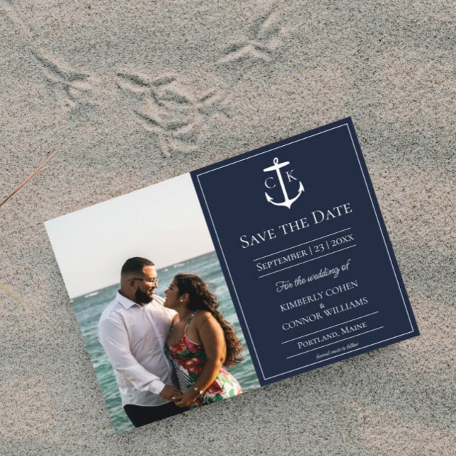 Navy Blue Naugram Foto Save the Date (Navy Nautical Monogram Photo Save the Date)