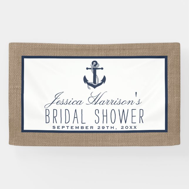 Navy Blue Nautic Anchor auf Burlap Brautparty Banner (Horizontal)