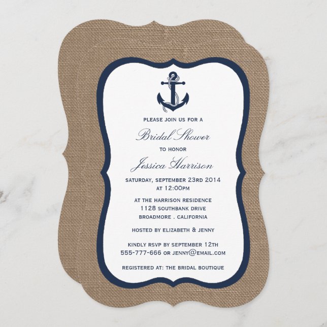 Navy Blue Nautic Anchor auf Burlap Brautparty Einladung (Vorne/Hinten)