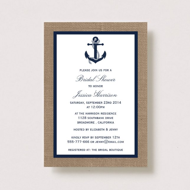 Navy Blue Nautic Anchor auf Burlap Brautparty Einladung (Von Creator hochgeladen)