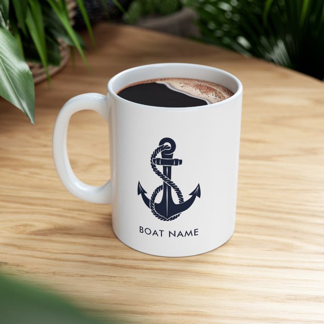 Navy Blue Nautic Anchor Boat Name Custom Zweifarbige Tasse (Nautical Boat Name Sailing White 11oz Custom Coffee Mug)