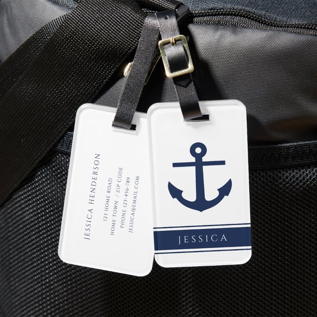 Navy Blue Nautic Anchor Individuelle Name Gepäckanhänger (Navy Blue Nautical Anchor Custom Name Luggage Tag)