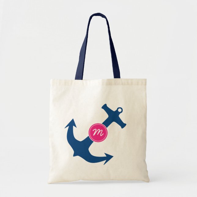 Navy Blue Nautic Anchor Monogram Leinwand Tasche (Vorne)