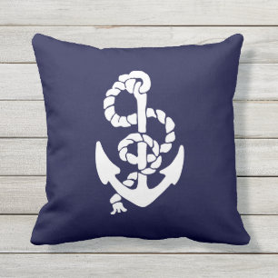Navy Blue Nautic Anchor Outdoor Throw Kissen
