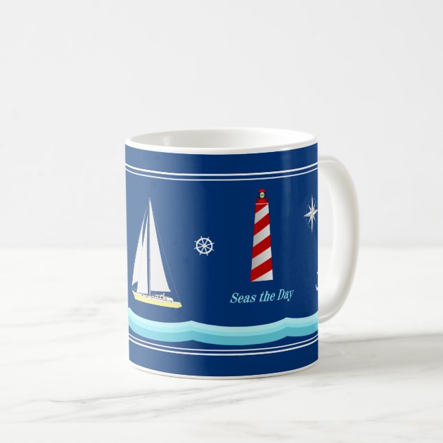 Navy Blue Nautic Coffee Tasse für Bootsliebhaber (VorderseiteRechts)