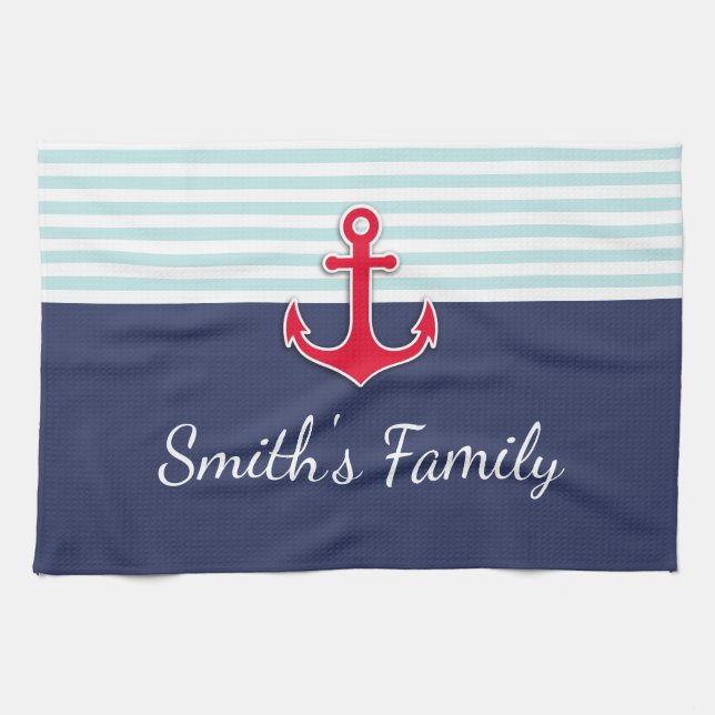 Navy Blue Nautic Design Custom Family Name Küchentuch (Horizontal)